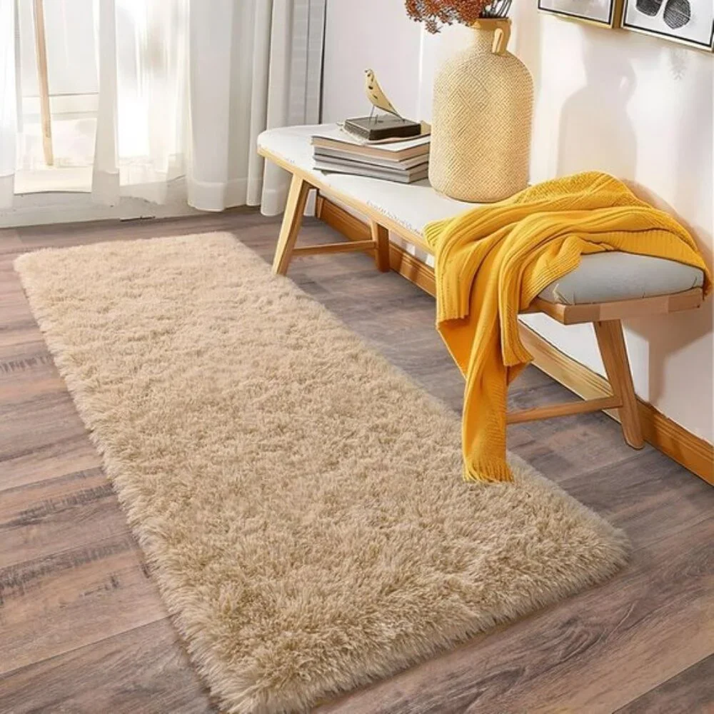 2x6 Soft Runner Rug, Beige Fluffy Shag, Non-Slip Carpet for Bedroom & Hallway